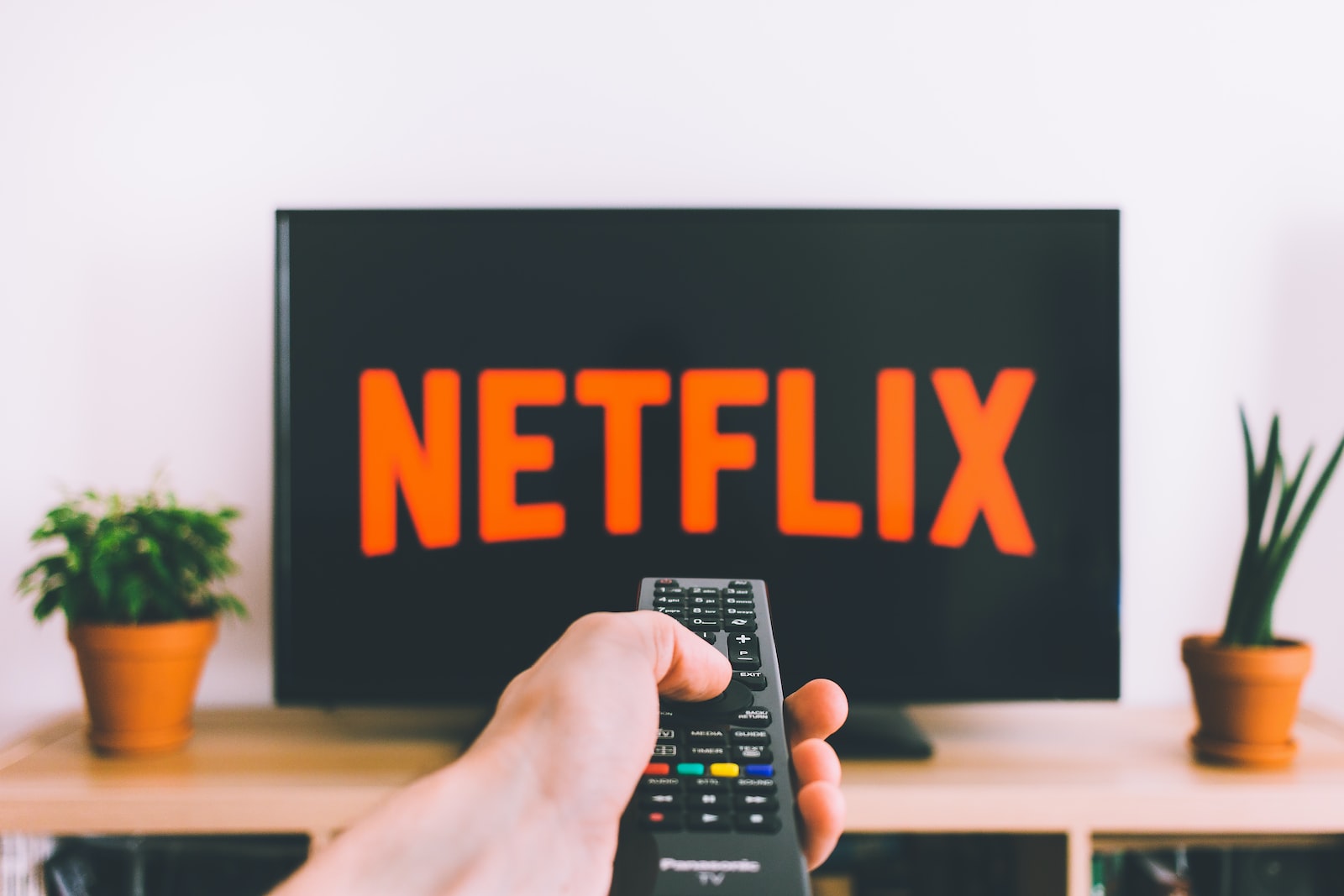 person holding remote pointing at Netflix on TV